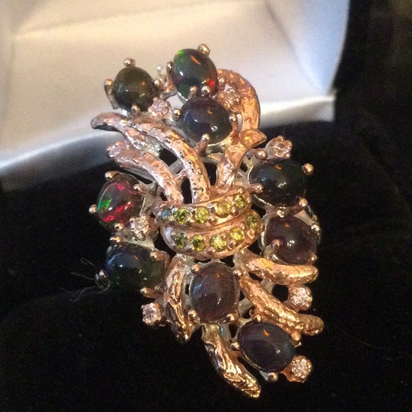 Enchanting Genuine Black Opal & Peridot Ring - Picture 6 of 10